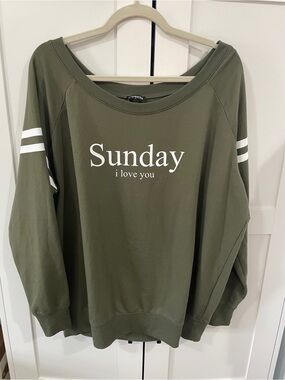 Express Olive Green Off-the-Shoulder 'Sunday I Love You' Sweatshirt